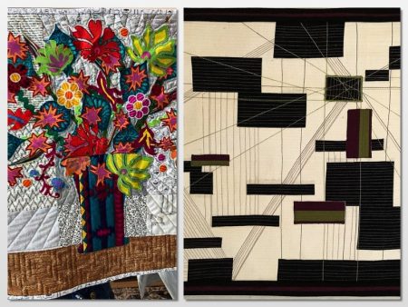 Two quilts shown side by side. Vase with colorful flowers and modern quilt black squares on beige with projection line quilting