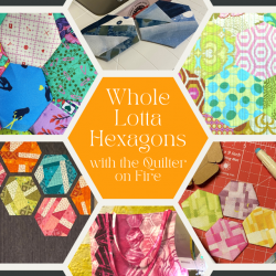 Cover page for Whole Lotta Hexagons featuring an orange hexagon with text surrounded by six photos featuring hexagons
